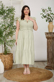 SMOCKED FRONT TIE RUFFLE DETAIL TIERED MIDI DRESS