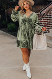 Jungle Green Velvet Babydoll Mini Dress with Puff Sleeve