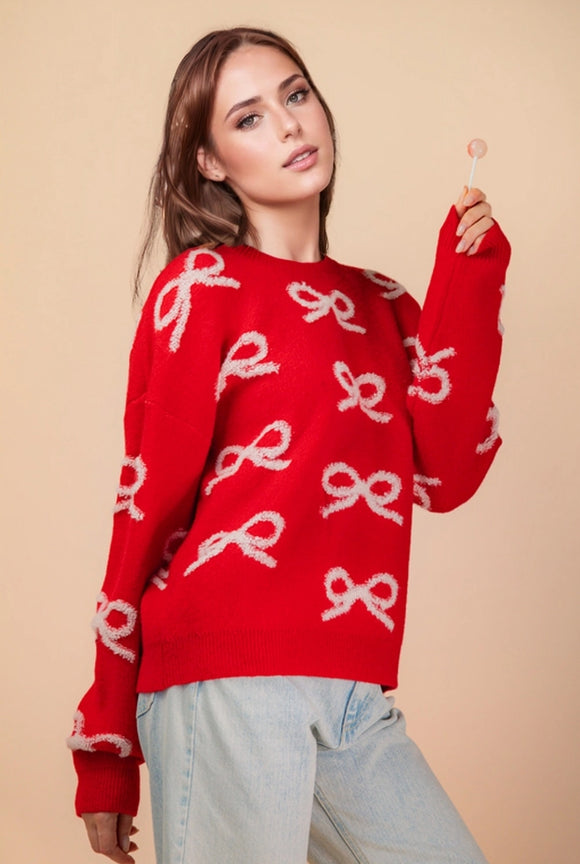 Bow Textured Graphic Knit Sweater Top