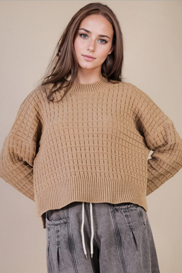 Bev Oversized Textured Solid Casual Knit Sweater Top