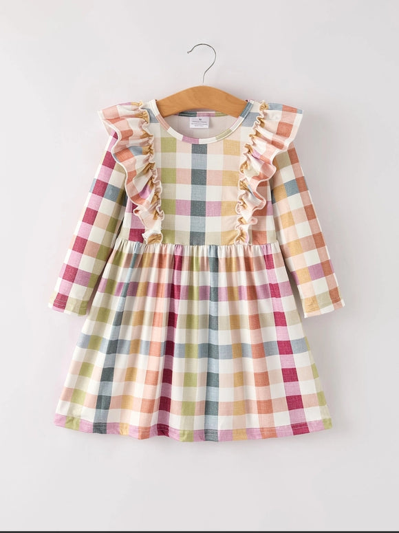 Fall Thanksgiving Plaid Long Sleeve Girls Dress