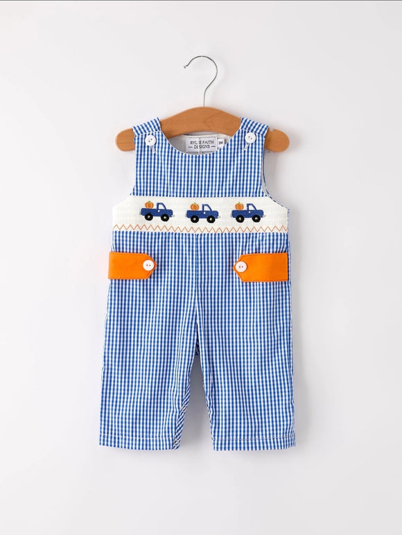 Fall Thanksgiving Truck Smock Embroidery Baby Boy Romper