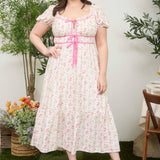 Asher Floral Tile Print Contrast Tie Detail Midi Dress