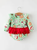 Santa and Cookie Print Baby Girls Romper with Red Bow Detail