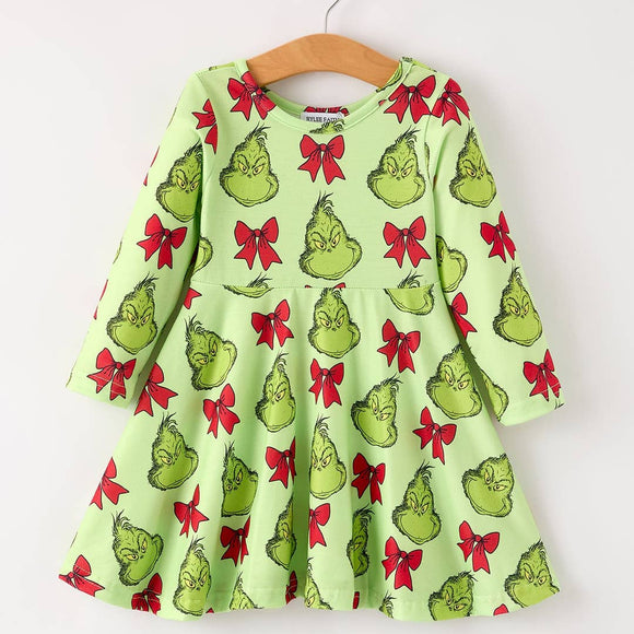 Winter Christmas Tree Bow Grinc* Print Green Girls Dress
