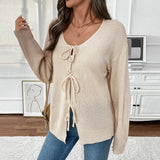 Tie Front Knit Cardigan Loose Fit Round Neck Sweater
