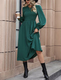 Elegant Green Long Sleeve Smocked Waist Midi Dress