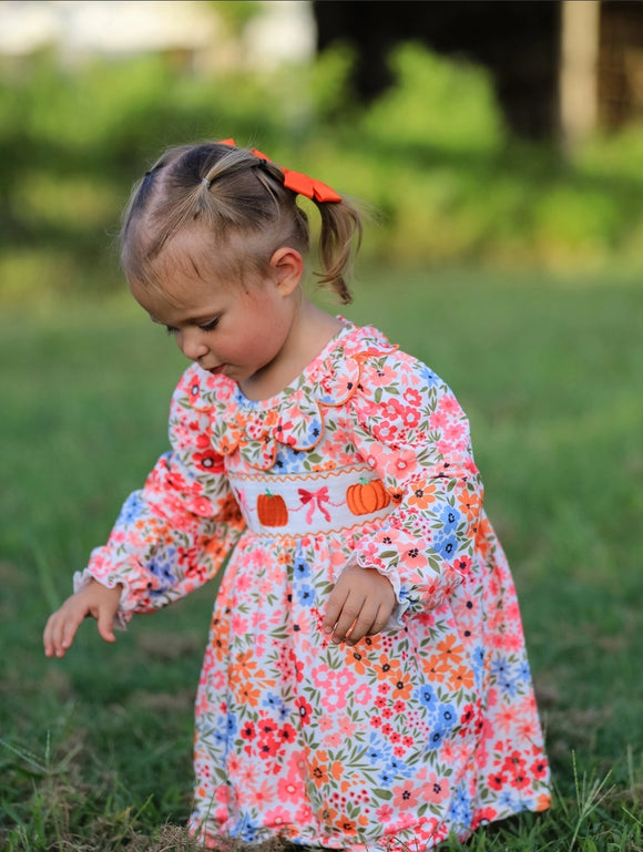 Pumpkin Bow Smock Embroidered Floral Dress