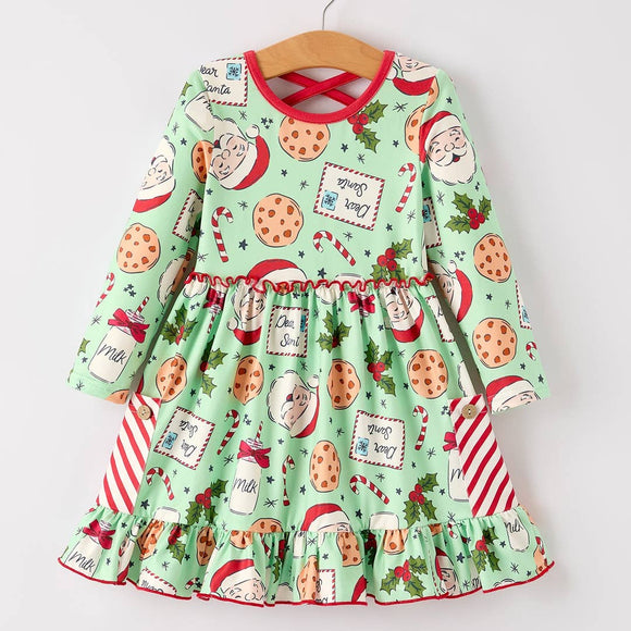 Winter Christmas Green Santa Girls Pocket Ruffle Dress