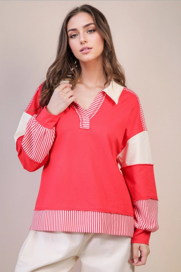 Bash Color Block Solid & Stripe Casual Knit Top