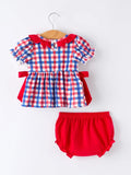 4th of July Plaid Flag Girl Bloomer Set with Bow