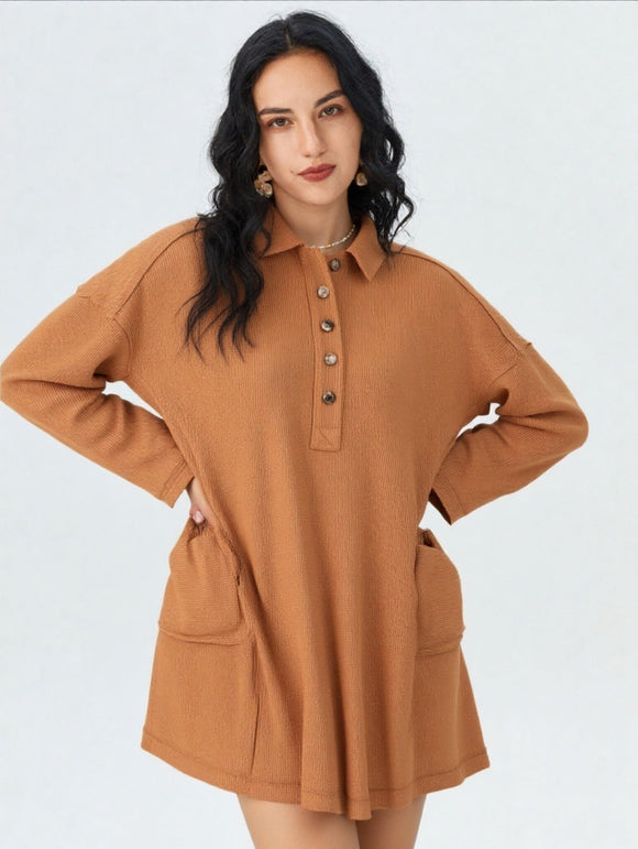Leah Casual Shirt Collared Knit Henley Mini Dress
