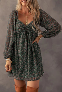 Green Floral Print Sweetheart Neck Shirred Back Mini Dress
