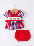 4th of July Plaid Flag Girl Bloomer Set with Bow