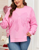 Pink Big Bow Lace Embroidered Dolman Sleeve Slit Sweatshirt