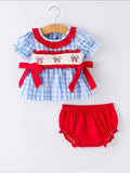 4th of July Plaid Smocking Girls Bloomer Set