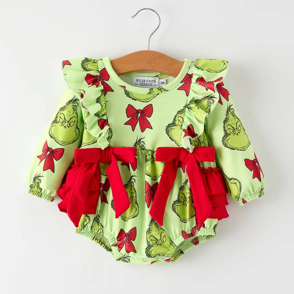 Christmas Baby Girls Romper with Grinc* Print and Red Bows