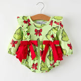 Christmas Baby Girls Romper with Grinc* Print and Red Bows