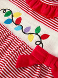 Holiday Girls Dress with Embroidered Christmas Lights and Red Bow Details