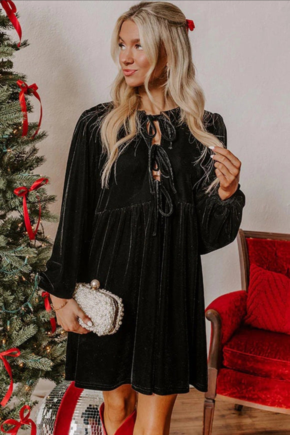 Black Front Tie Velvet Bubble Sleeve Mini Dress