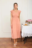 Peachy Flutter Sleeve V Neck Smocked Midi Dress
