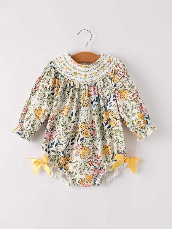 Fall Embroidery Smocking Bow Floral Leaf Baby Girls Romper