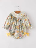 Fall Embroidery Smocking Bow Floral Leaf Baby Girls Romper