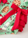 Santa and Cookie Print Baby Girls Romper with Red Bow Detail