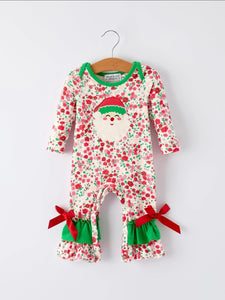 Christmas Santa Applique Baby Girls Floral Long Sleeve Ruffle Romper with Bow Ties