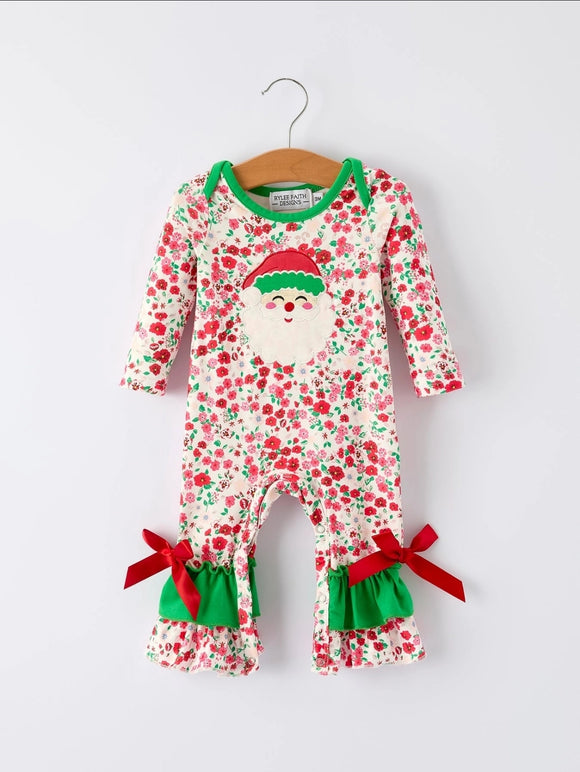 Christmas Santa Applique Baby Girls Floral Long Sleeve Ruffle Romper with Bow Ties