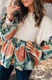 Paisley Geometric Patchwork Crew Neck Loose Fit Top