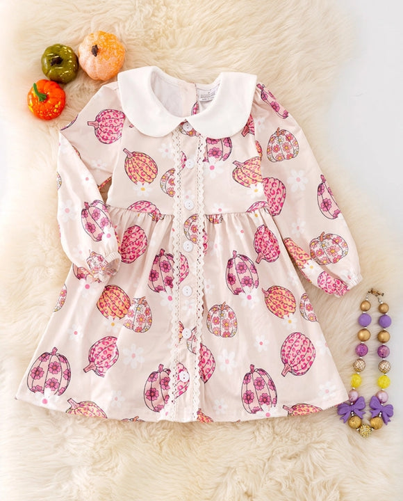 Pumpkin Printed Dress w/ Bubble Sleeve