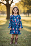 Gnome Printed Navy Blue Dress w/ Bell Sleeves