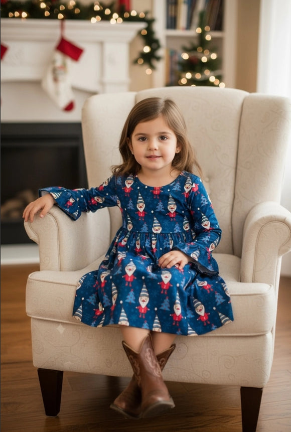 Gnome Printed Navy Blue Dress w/ Bell Sleeves