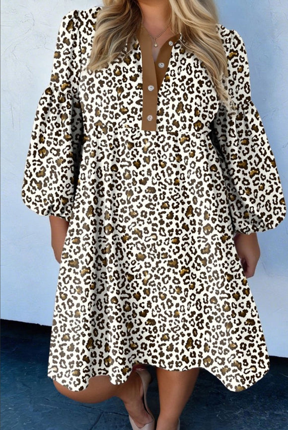 Kai  Button V Neck Leopard Print Puff Sleeve Loose Mini Dress