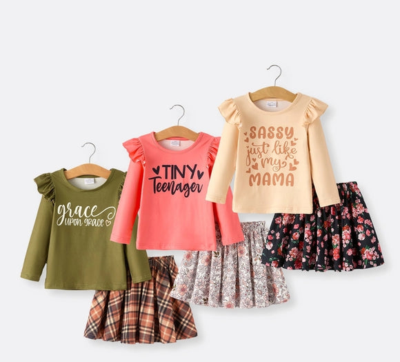 Autumn and Winter Plaid Floral Letter Girls Outfit