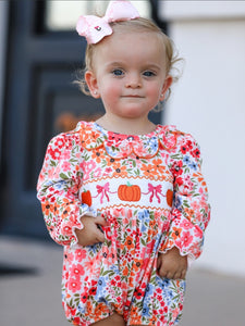 Pumpkin Bow Smock Embroidered Floral Baby Girl Romper
