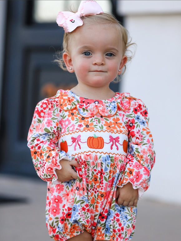 Pumpkin Bow Smock Embroidered Floral Baby Girl Romper