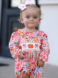 Pumpkin Bow Smock Embroidered Floral Baby Girl Romper