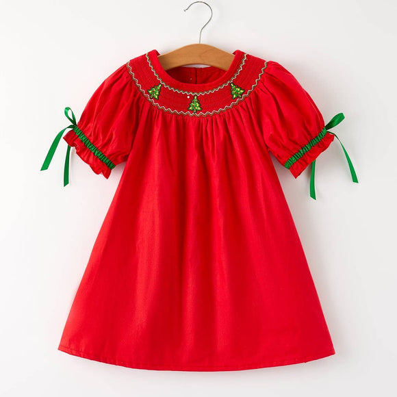 Christmas Girls Dress : Adorable Green Christmas Tree Embroidery