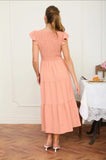 Peachy Flutter Sleeve V Neck Smocked Midi Dress