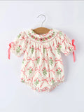 Spring Floral Smocking Embroidery Bow Romper