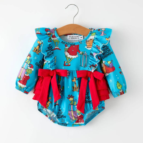 Blue Christmas Baby Girls Bow Romper with Ruffle Detail