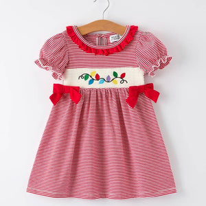 Holiday Girls Dress with Embroidered Christmas Lights and Red Bow Details
