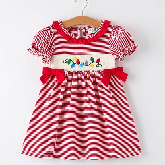Holiday Girls Dress with Embroidered Christmas Lights and Red Bow Details