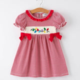 Holiday Girls Dress with Embroidered Christmas Lights and Red Bow Details