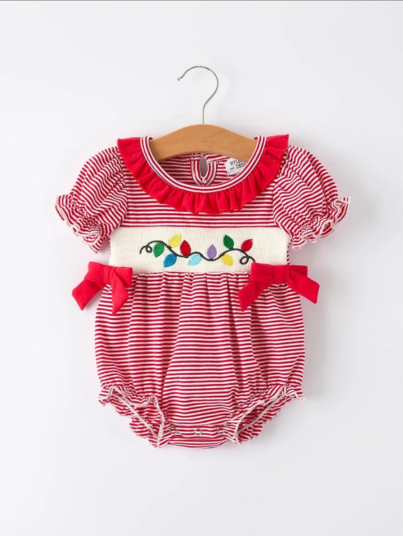 Holiday Baby Girls Romper with Embroidered Christmas Lights and Red Bow Details