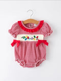 Holiday Baby Girls Romper with Embroidered Christmas Lights and Red Bow Details