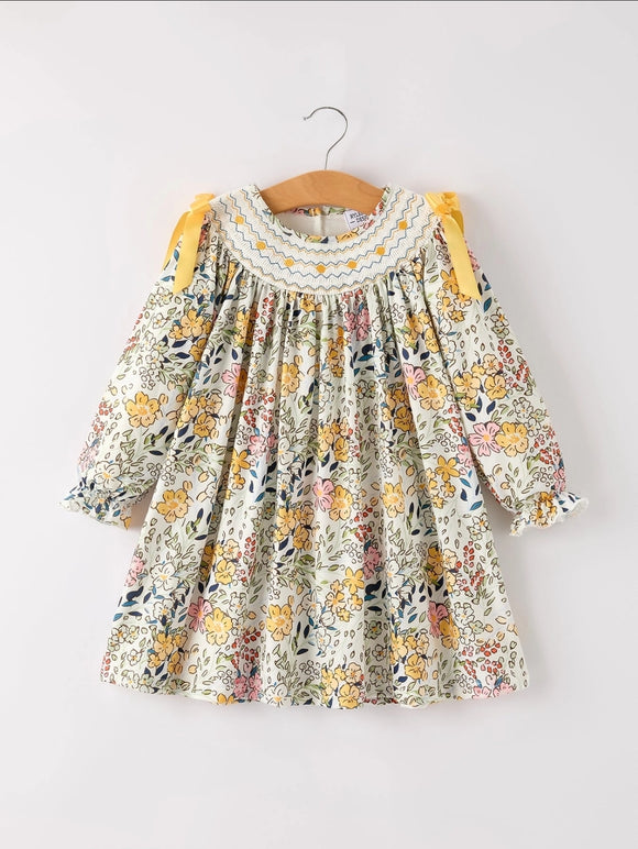 Fall Embroidery Smocking Bow Floral Leaf Baby Girls Dress