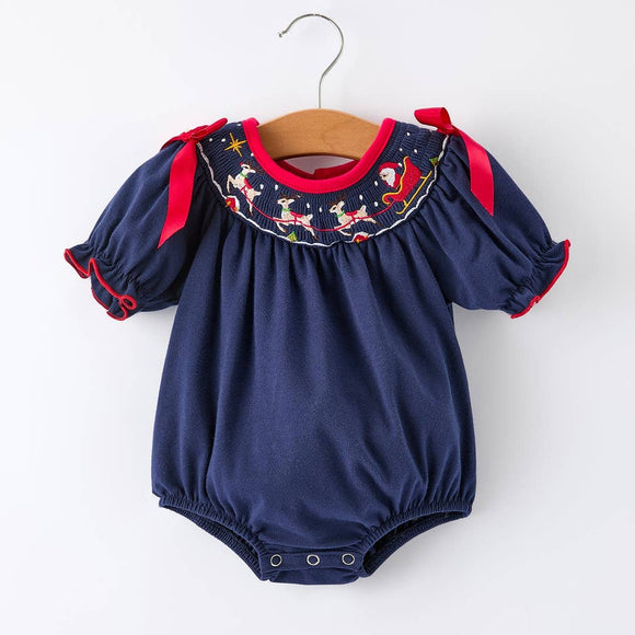 Christmas Holiday Celebration Baby Girls Romper: Navy with Santa Sleigh